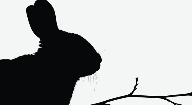 A minimalist silhouette of a rabbit's whiskered face, partially obscured by a branch, with a slight curve to the whiskers.