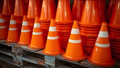 Fototapeta premium A large stack of orange traffic cones on a wooden pallet in a warehouse setting.