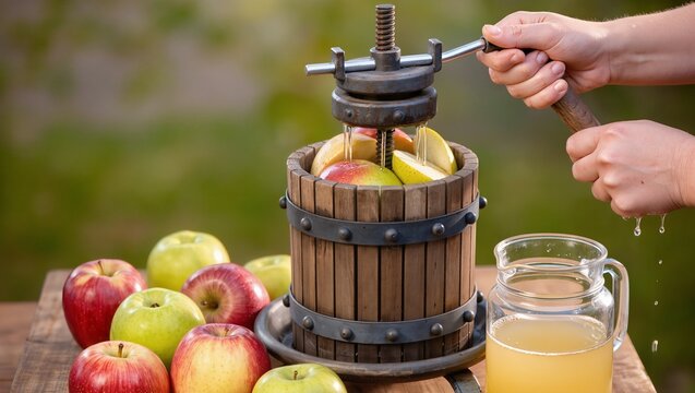 Manual apple cider press with fresh apples being crushed, wooden barrel, and glass pitcher of juice on a rustic wooden table outdoors in a garden setting