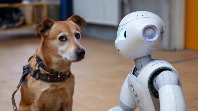 A Heartwarming Encounter Between a Loyal Dog and an Advanced Robot, Showcasing the Unlikely Friendship and Connection Between Technology and Animals.