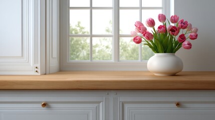 Fresh Tulips in White Vase on Natural Wood Countertop Beside Bright Window with Soft Natural Light Enhance the Cozy Atmosphere of Modern Interior Space