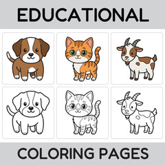 Fototapeta premium Cute farm animals coloring pages for kids, dog, cat and goat educational worksheet