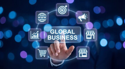 Fototapeta premium A hand interacting with a digital interface for global business and commerce