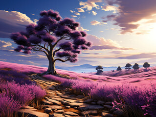 Vivid lavender field in Provence with a single, isolated tree