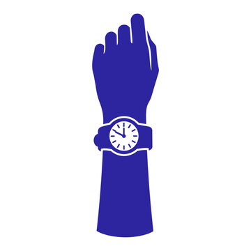 A blue silhouette of a hand wearing a wristwatch showing the time