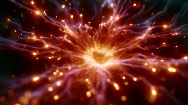 A mesmerizing view of energetic particles radiating outward, showcasing vibrant colors and intricate patterns resembling a cosmic explosion or neural network activity.