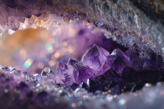 Stunning purple amethyst crystals cluster with sparkling inclusions