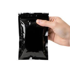 A hand holding a black resealable pouch