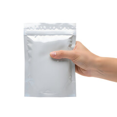 A hand holding a small white resealable pouch