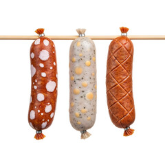 Three cured sausages hanging on a wooden rod