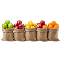 A row of paper bags filled with various fruits