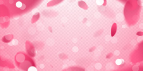Soft romantic background with pink petals. Vector illustration with realistic falling blurred pink petals of spring flowers and bokeh effect on pink checkered background. Overlay effect template.