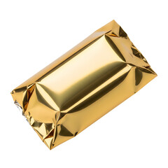 A gold foil wrapped chocolate bar on a white background