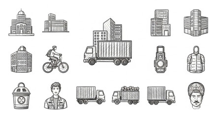 Collection of hand drawn sketches of buildings and vehicles.