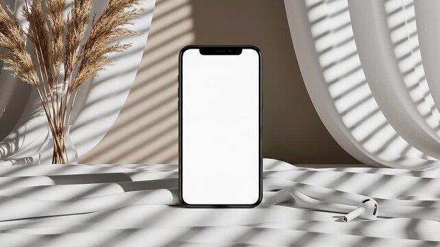 Smartphone standing upright on a table with dried plants beside it and arch shaped shadows on the wall