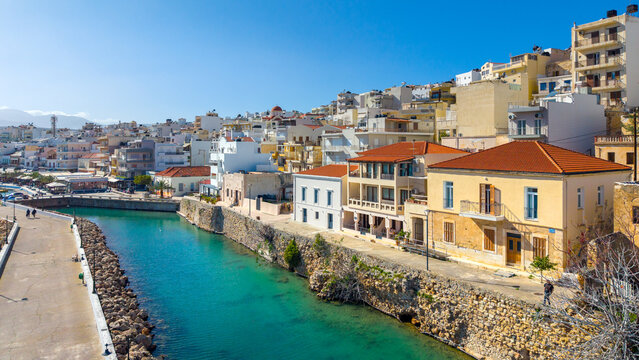 The pictursque port of Sitia, Crete, Greece at sunset. Sitia is a traditional town at the east Crete near the beach of palm trees, Vai.  