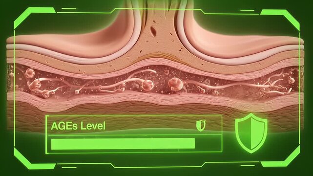 Professional Green 2.5D Skin Tissue HUD Showing Low Glycation Level Status