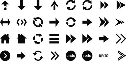 Black and white vector illustration of arrow icons including undo, redo, refresh, navigation, home, circular rotation, directional symbols, user interface