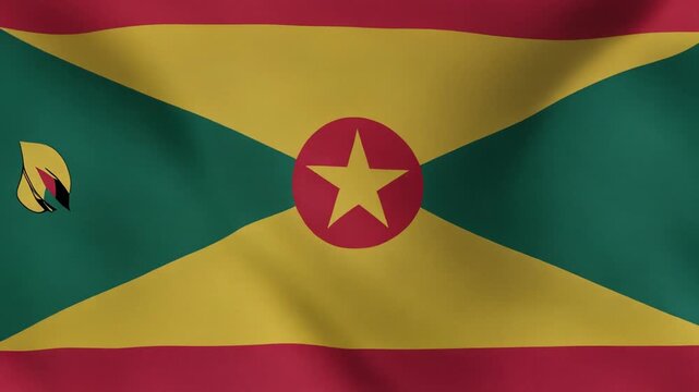 Grenada national flag waving, red border with stars, yellow central star in red circle, green and yellow triangles, nutmeg symbol, vibrant cultural identity, patriotic atmosphere&hellip;
