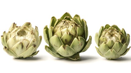 Obraz premium Artichoke Trio Progression with Petals Opening Gradually, Botanical Food Study Image for Editorial and Packaging