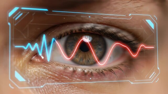 Professional Human Eye 2.5D Close-up with Light Frequency Graph HUD Overlay