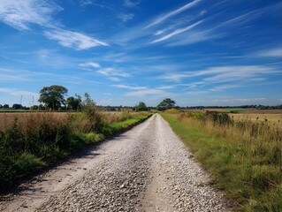 Fototapeta premium Tranquil Country Lane Through Farm Fields, Peaceful Rural Landscape Background for Travel and Nature Content