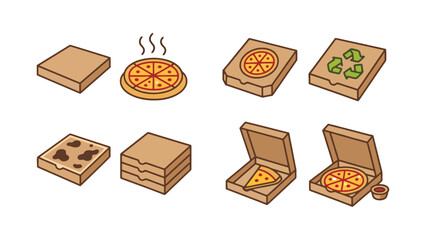 Pizza boxes and various pizza packaging designs illustration