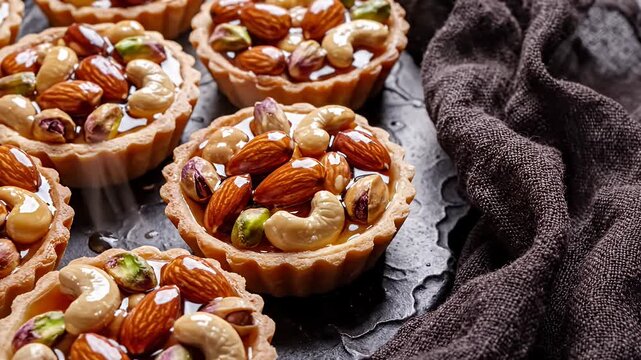 Pastries filled with assorted nuts and syrup resting on dark surface beside draped fabric