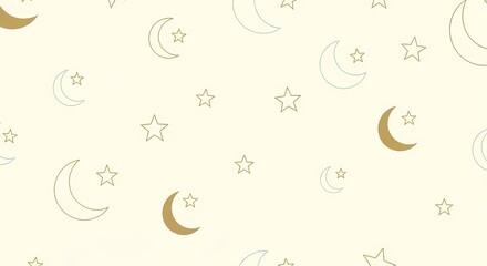 Elegant seamless pattern featuring golden and outlined crescent moons and stars on a light cream background, perfect for celestial or Islamic themes.