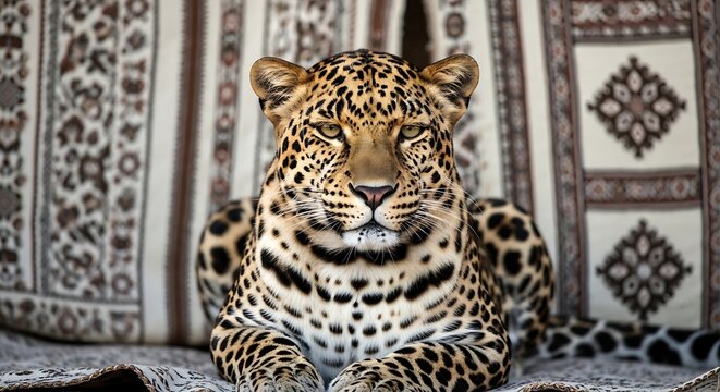Leopard Resting on Decorative Carpet with Patterned Background.