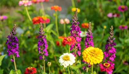 Obraz premium A vibrant garden filled with colorful flowers, showcasing varying hues and textures in natural light, highlighting beauty