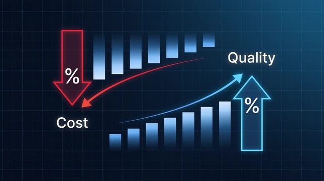 Cost reduction and quality control, business strategy, and project management concept. 4K animation. Up down arrow chart represent quality, cost, and performance optimization