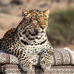 Naklejka premium Leopard Resting on Ornamental Cushion Outdoors.
