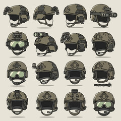 Obraz premium Military helmets with various accessories and camouflage patterns displayed in a grid layout from a front viewpoint