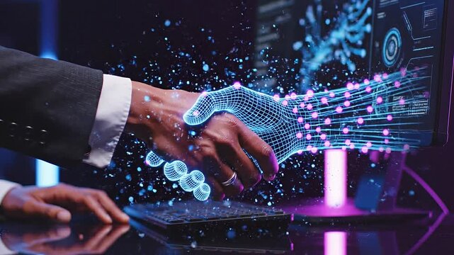 A professional handshake emerging from a laptop screen surrounded by futuristic digital effects and data visualizations in a modern office environment from a close-up viewpoint