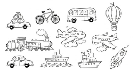 Collection of hand drawn transportation vehicles and aircraft.