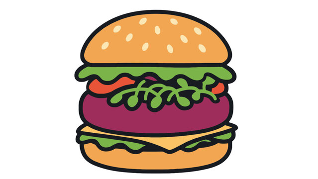 Burger vector illustration with cheese and lettuce on a sesame seed bun