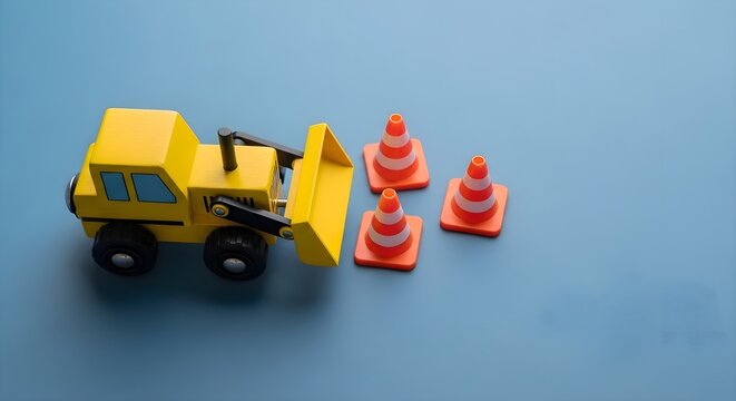 Road Construction Zone: Yellow toy bulldozer moving toward orange traffic cones on blue surface, infrastructure development project, urban maintenance and safety concept