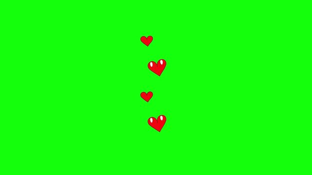 Looping 2D animation of cute red hearts floating upward in a vertical line, two big glossy hearts and two smaller ones, gentle bobbing motion ,centered on bright green chroma key background.