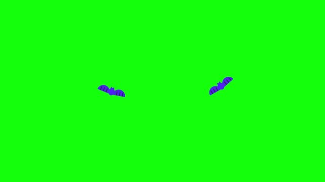 Looping 2D animation of cute purple candies flying diagonally across the screen, wrapped sweets with stripes spinning slightly as they move, flat style, centered on bright green chroma key background.