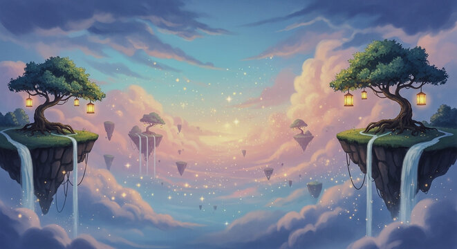 Whimsical Pastel Sky with Rainbow & Stardust &ndash; Magical Dreamscape Background