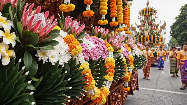 Vibrant floral floats and traditional dancers parade down a cobblestone street during a festive cultural celebration