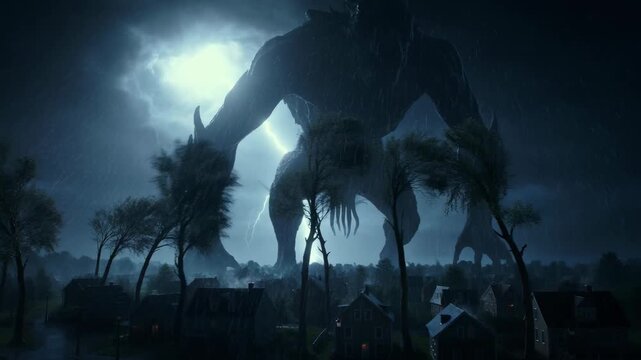 A colossal shadow creature looms over a small town during a violent thunderstorm