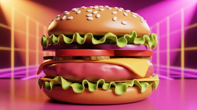 A vibrant 3D illustration of a cheeseburger with lettuce, tomato, and cheese on a pink background with neon lights