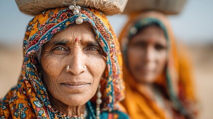 Fototapeta premium Portrait of rural Indian elderly woman in saree carrying water matka on head smiling with shallow depth of field