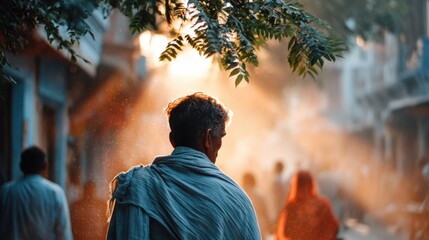 Fototapeta premium Candid cinematic shot of Indian local lifestyle on busy street with people walking chatting and warm sunlight atmosphere
