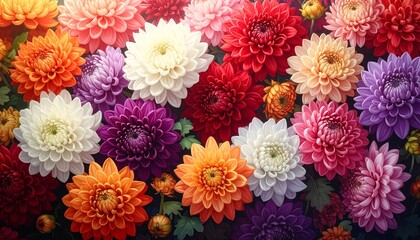 Lush, vibrant close-up showcasing colorful, clustered chrysanthemums