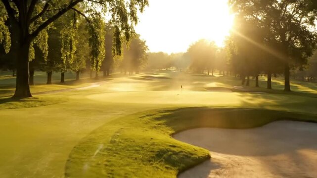 Serene Golf Course Landscape at Sunrise with Golden Sunlight Rays and Morning Mist Over Fairway and Bunker