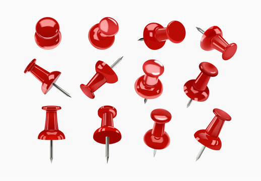 Push Pin, Drawing Pin & Thumbtack Vector for Isolated Map Marker, Office Stationery & Memo Highlight