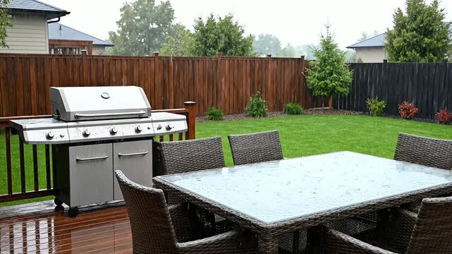 Backyard Patio Area During Rain with Wet Wooden Deck and Outdoor Furniture - AI Generated